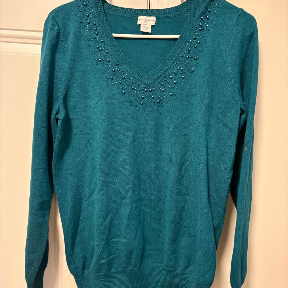 Jaclyn Smith Teal V-Neck Sweater with Beaded Detail